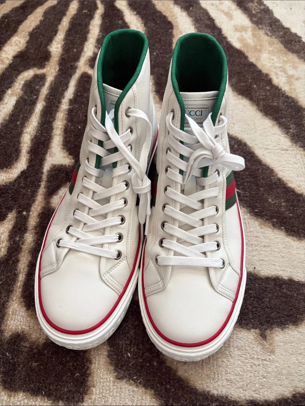 Gucci White High-Top Tennis Sneaker with Green Lining and Red Trim